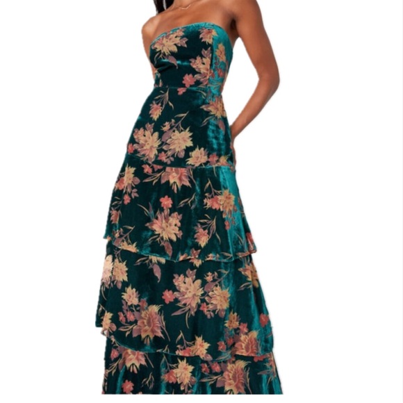 Lulus Dresses & Skirts - Lulu's Teal Floral Velvet Strapless Maxi Dress